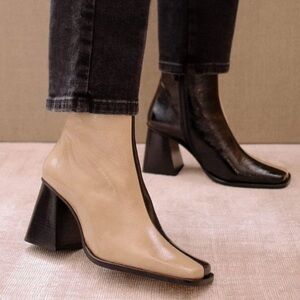 ALOHAS Beige and Black Two-Tone Square-Toe Ankle Booties